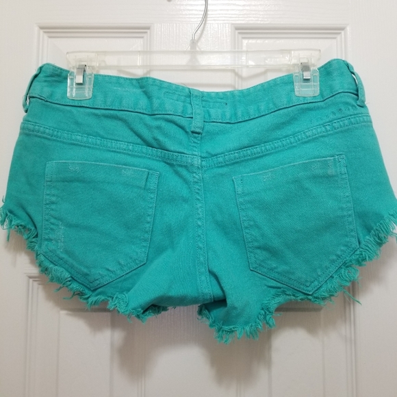 Distressed Cut Off Teal Shorts - Picture 3 of 4